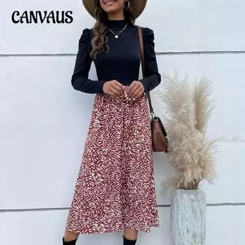 Весенне-осеннее женское платье с полувысоким воротником в стиле пэчворк и рукавами-пузырьками S красный/чёрный