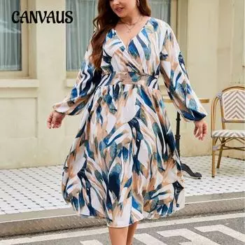 Весенне-осеннее женское платье с принтом, платья больших размеров с длинным рукавом и v-образным вырезом 1XL разноцветный