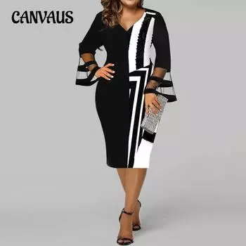 Весенне-осеннее женское платье с принтом и сращиванием в сетку размера плюс, женское платье на бедрах в упаковке