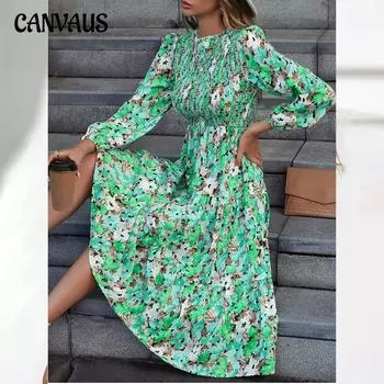 Весенне-осеннее женское платье с принтом и тортом. Модное женское платье с длинным рукавом. S зелёный