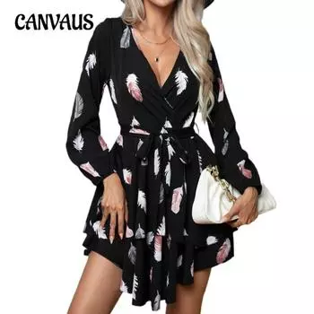 Весенне-осеннее женское платье с принтом перьев, многослойным подолом, V-образным вырезом, оборками, длинными рукавами и завязками S чёрный