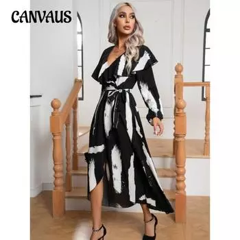 Весенне-осеннее женское платье с принтом, оборками, длинными рукавами, запахом, разрезом, свободное длинное платье S чёрный