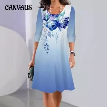 Весенне-осеннее женское платье с принтом и длинными рукавами, круглым вырезом, миди-платья S
