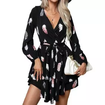 Весенне-осеннее женское платье с принтом перьев, многослойным подолом, V-образным вырезом, оборками, длинными рукавами и завязками S чёрный