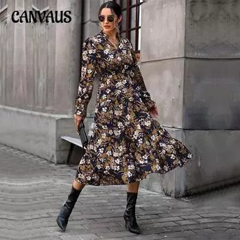Весенне-осеннее женское платье с принтом, темпераментные элегантные платья с длинными рукавами S