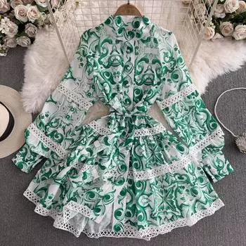 Весенне-осеннее женское платье с рукавами-фонариками и принтом, кружевное лоскутное шикарное платье в стиле бохо, элегантные вечерние платья M синий