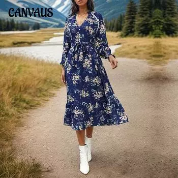 Весенне-осеннее женское платье с v-образным вырезом и длинным рукавом с цветочным принтом, темпераментные элегантные платья S