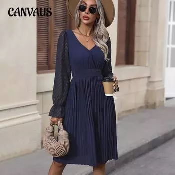 Весенне-осеннее женское платье с v-образным вырезом, плиссированное платье, пригородные платья с v-образным вырезом и дырявой спиной S