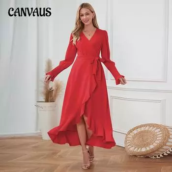 Весенне-осеннее женское платье с v-образным вырезом и рюшами, кружевное платье, тонкие темпераментные длинные платья S розы красного