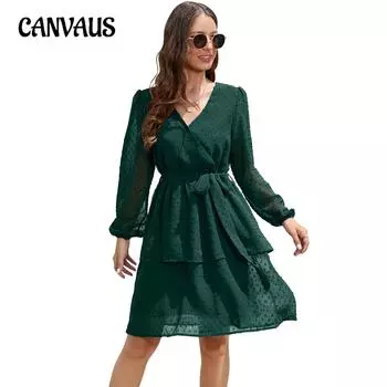 Весенне-осеннее женское платье с v-образным вырезом, длинным фонариком, длинным рукавом, коктейльное платье, платье с поясом S бордовый