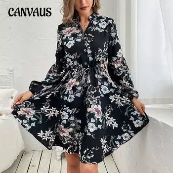 Весенне-осеннее женское платье с v-образным вырезом и длинным рукавом, ретро темпераментные элегантные платья с принтом S чёрный