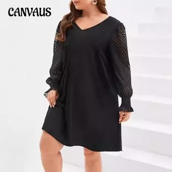 Весенне-осеннее женское платье с V-образным вырезом и кружевом, модные платья больших размеров 0XL чёрный
