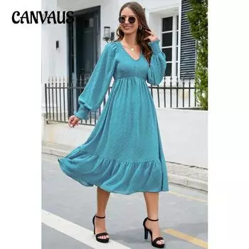 Весенне-осеннее женское платье с v-образным вырезом и рюшами, длинное платье, темпераментное, элегантное, удобное свободное платье S чёрный