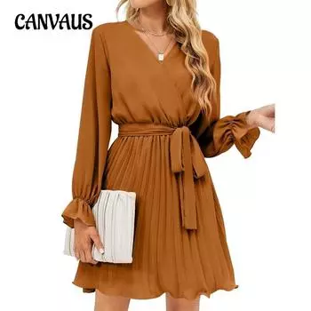 Весенне-осеннее женское платье с запахом и V-образным вырезом, повседневные плиссированные платья с длинным рукавом S чёрный