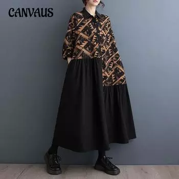 Весенне-осеннее женское платье, свободное платье больших размеров с принтом средней длины, литературное ретро-платье с длинными рукавами One Size фиолетовый