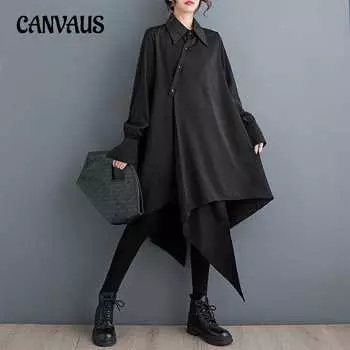 Весенне-осеннее женское платье, свободное платье размера плюс в литературном стиле нестандартного дизайна, персонализированные платья-рубашки средней длины One Size чёрный