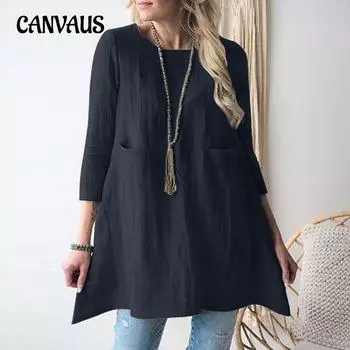 Весенне-осеннее женское платье, свободные хлопковые льняные женские платья с круглым вырезом и рукавами три четверти S чёрный