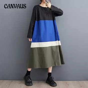 Весенне-осеннее женское платье, свободные модные платья больших размеров средней длины, литературные ретро тонкие платья с длинными рукавами One Size чёрный