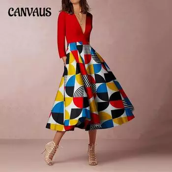 Весенне-осеннее женское платье Темперамент Элегантные распашные платья трапециевидной формы с v-образным вырезом и принтом S бордовый