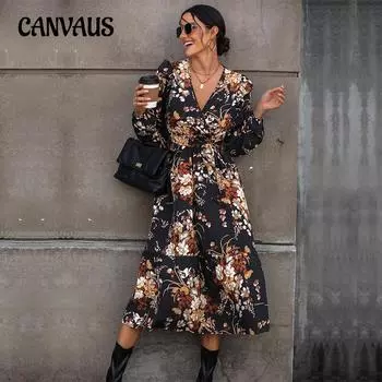 Весенне-осеннее женское платье Темперамент Элегантные платья с длинным рукавом с v-образным вырезом и принтом S чёрный