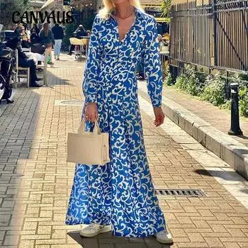 Весенне-осеннее женское платье темперамент мода принтованные лацканы талии миди платья S синий