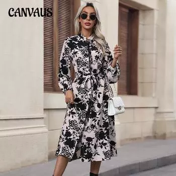 Весенне-осеннее женское платье, темпераментное элегантное платье с воротником-стойкой и длинным рукавом с принтом S абрикосовый