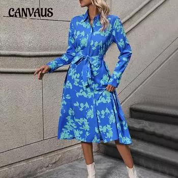Весенне-осеннее женское платье Темпераментное элегантное платье с длинными рукавами и отворотами с принтом S синий
