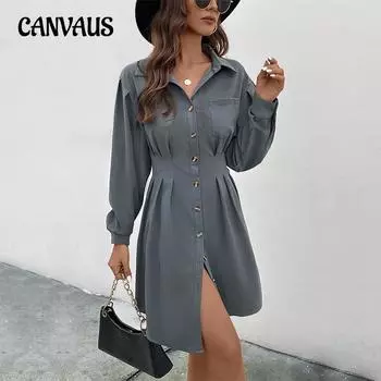 Весенне-осеннее женское платье Темпераментное элегантное однотонное платье-рубашка с длинным рукавом S темно-серого