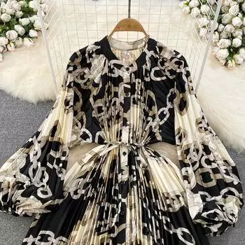 Весенне-осеннее женское платье, темпераментное платье с рукавами-фонариками, с круглым вырезом и талией, однобортное платье с принтом, элегантная длинная юбка One Size