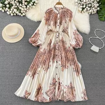 Весенне-осеннее женское платье, темпераментное платье с рукавами-фонариками, с круглым вырезом и талией, однобортное платье с принтом, элегантная длинная юбка One Size фиолетовый