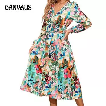 Весенне-осеннее женское платье, тонкие платья с принтом на талии и длинными рукавами S красный