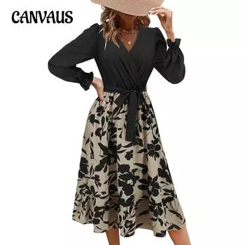 Весенне-осеннее женское платье трапециевидной формы с v-образным вырезом и длинным рукавом с принтом S зелёный