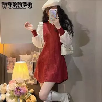 Весенне-осеннее женское платье, трикотажное платье Sweet Temperament, небольшая контрастная вставка на талии, короткая юбка S красный