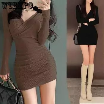 Весенне-осеннее женское платье. Узкое трикотажное платье. Юбка с завернутой талией. Нижняя юбка с v-образным вырезом. Узкое плиссированное нижнее платье с длинными рукавами. S чёрный