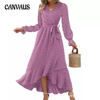 Весенне-осеннее женское платье в горошек с длинным рукавом и струящимся свадебным платьем S фиолетовый