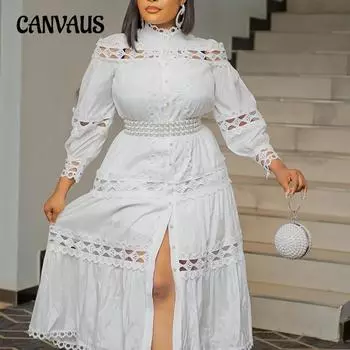Весенне-осеннее женское платье, винтажное ажурное кружевное однотонное платье с круглым вырезом, свободные длинные платья большого размера