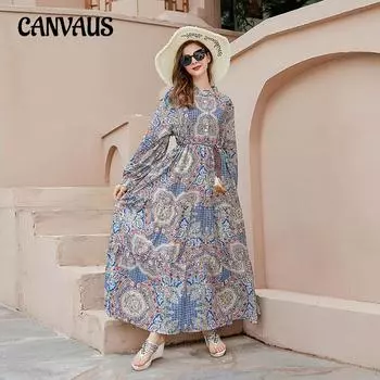 Весенне-осеннее женское платье, винтажное платье с v-образным вырезом и цветочным принтом, большие размеры, темпераментное, нежное, с пузырьковыми рукавами, длинные платья XL синий