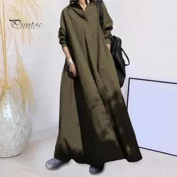 Весенне-осеннее женское платье, винтажное свободное платье трапециевидной формы в этническом стиле с отложным воротником до щиколотки и длинными рукавами, женское платье макси XL чёрный