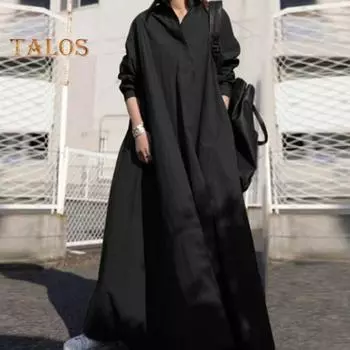 Весенне-осеннее женское платье, винтажное свободное платье трапециевидной формы в этническом стиле с отложным воротником до щиколотки и длинными рукавами, женское платье макси XXXL белый