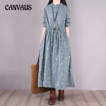 Весенне-осеннее женское плиссированное свободное хлопково-льняное платье с цветочным принтом на талии больших размеров