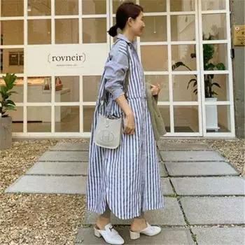 Весенне-осеннее женское полосатое платье-рубашка, модные свободные нерегулярные длинные рубашки больших размеров One Size серый