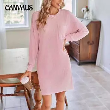 Весенне-осеннее женское повседневное платье в полоску с круглым вырезом и длинными рукавами с карманами S розовый