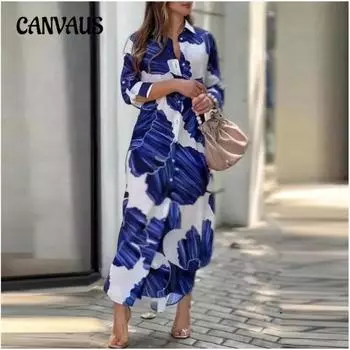 Весенне-осеннее женское повседневное свободное платье-рубашка с длинным рукавом и принтом S синий