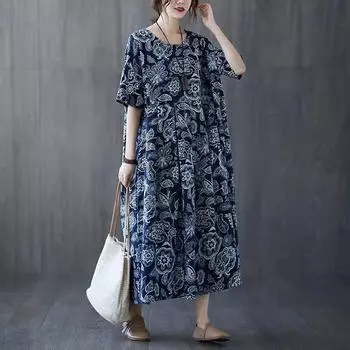 Весенне-осеннее женское ретро-этническое платье свободного покроя больших размеров XXXXL