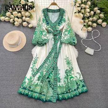 Весенне-осеннее женское ретро-платье в стиле «фонарь» с длинными рукавами, V-образным вырезом, завязкой на талии и принтом «A Word Positioning» S зелёный