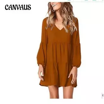 Весенне-осеннее женское сексуальное женское платье с v-образным вырезом и длинными рукавами S жёлтый