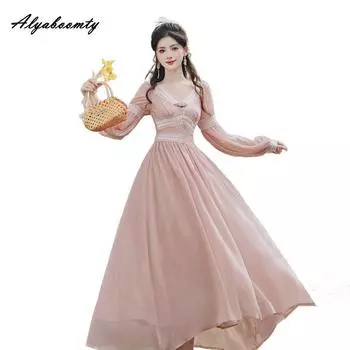 Весенне-осеннее женское сказочное розовое платье миди с v-образным вырезом, кружевное лоскутное платье с бантом и цветочным принтом, элегантное женское шифоновое платье трапециевидной формы S