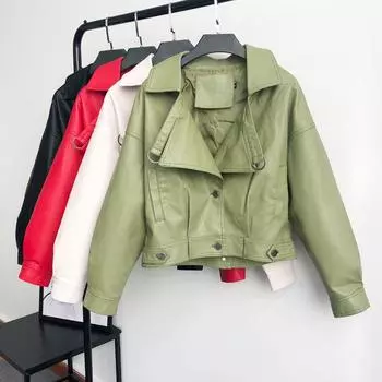 Весенне-осеннее женское свободное пальто из искусственной кожи с высокой талией, мотоциклетная кожаная куртка S-XL S чёрный