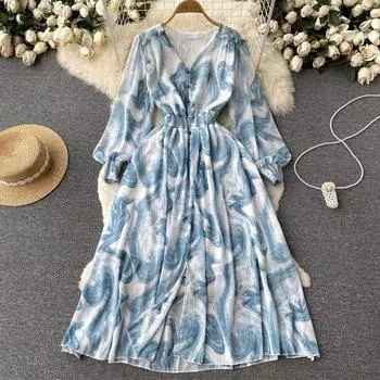 Весенне-осеннее женское тонкое платье средней длины с v-образным вырезом и длинным рукавом в стиле ретро, платья с принтом тай-дай One Size