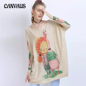 Весенне-осеннее женское трикотажное платье больших размеров, повседневный вязаный пуловер с принтом животных и героями мультфильмов, топы One Size белый